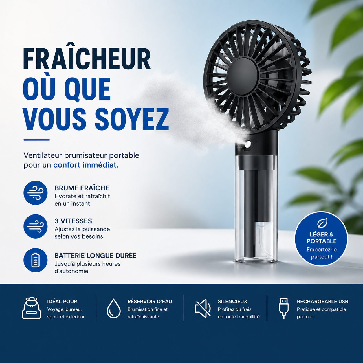 Mini ventilateur portable avec brumisation d'eau, capacité de 2 000 mAh et fonction d'humidification