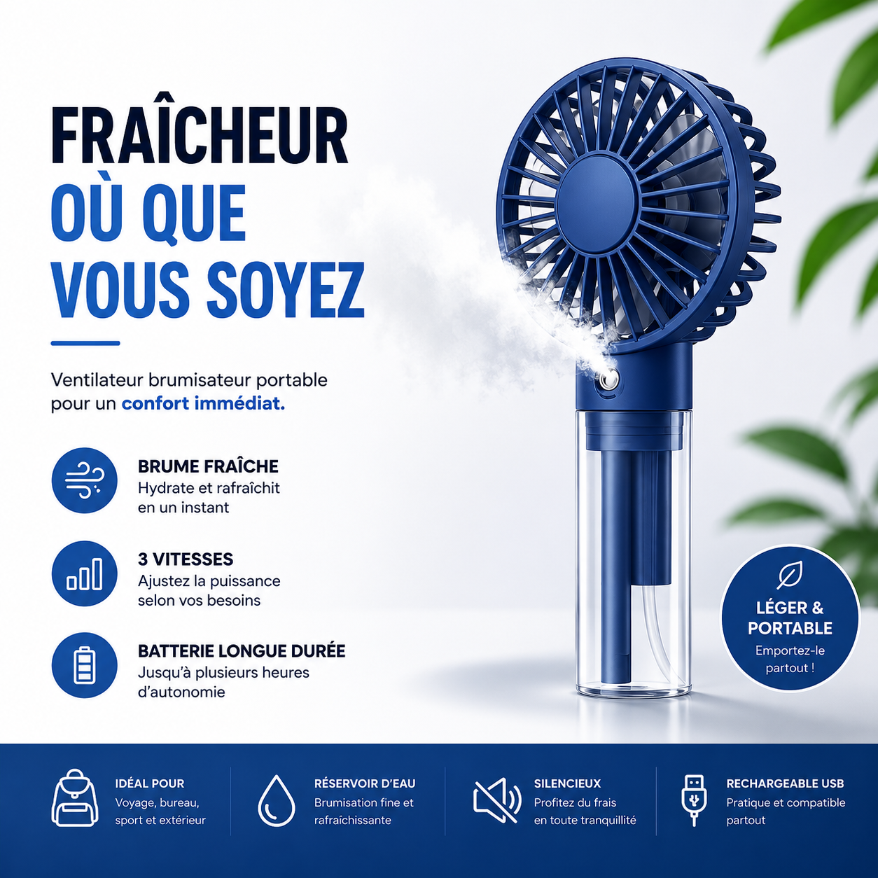 Mini ventilateur portable avec brumisation d'eau, capacité de 2 000 mAh et fonction d'humidification