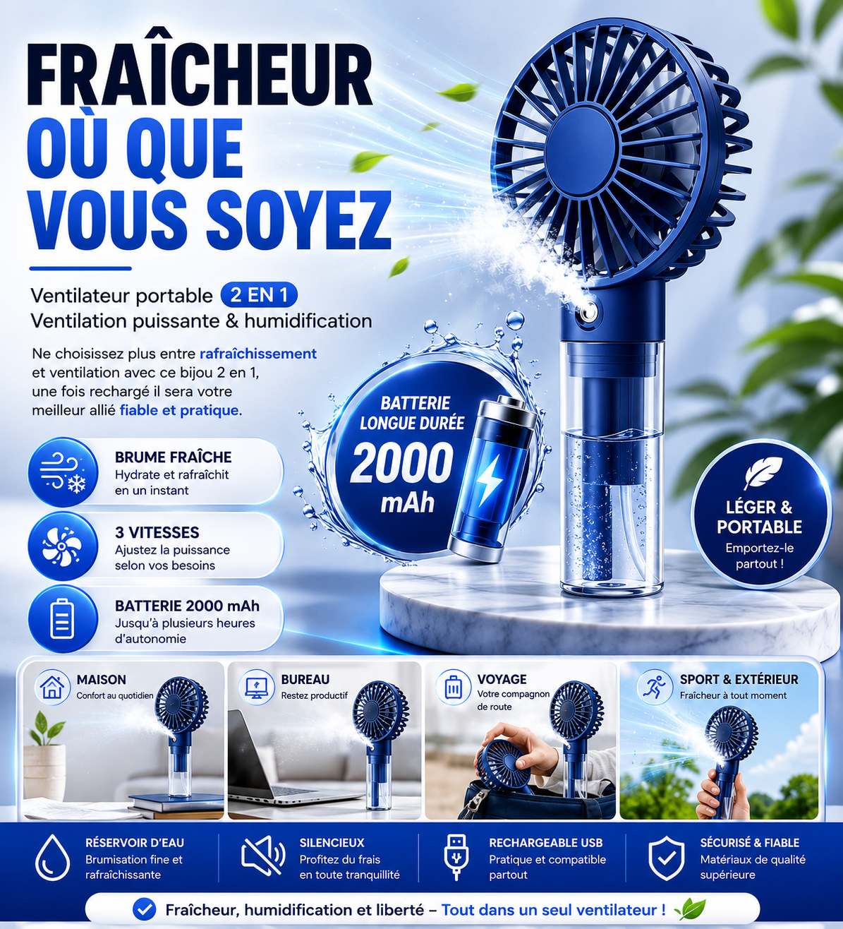 Mini ventilateur portable avec brumisation d'eau, capacité de 2 000 mAh et fonction d'humidification