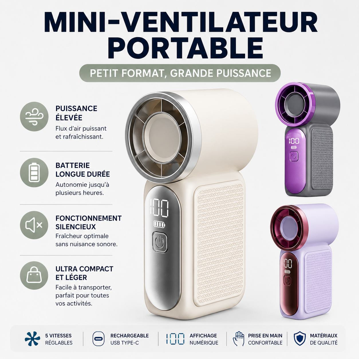 Mini-ventilateur, 5 vitesses réglables, rechargeables via port Type-C, affichage numérique, ventilateur de bureau, utilisation en extérieur