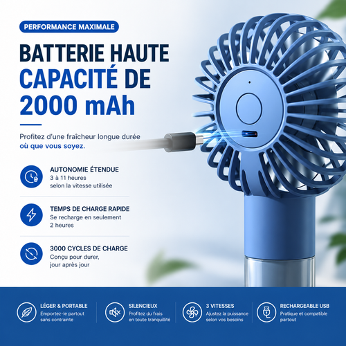 Mini ventilateur portable avec brumisation d'eau, capacité de 2 000 mAh et fonction d'humidification