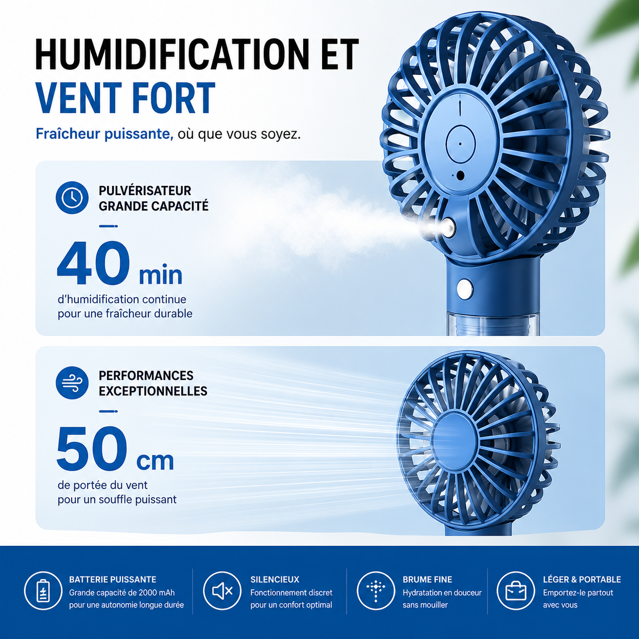 Mini ventilateur portable avec brumisation d'eau, capacité de 2 000 mAh et fonction d'humidification