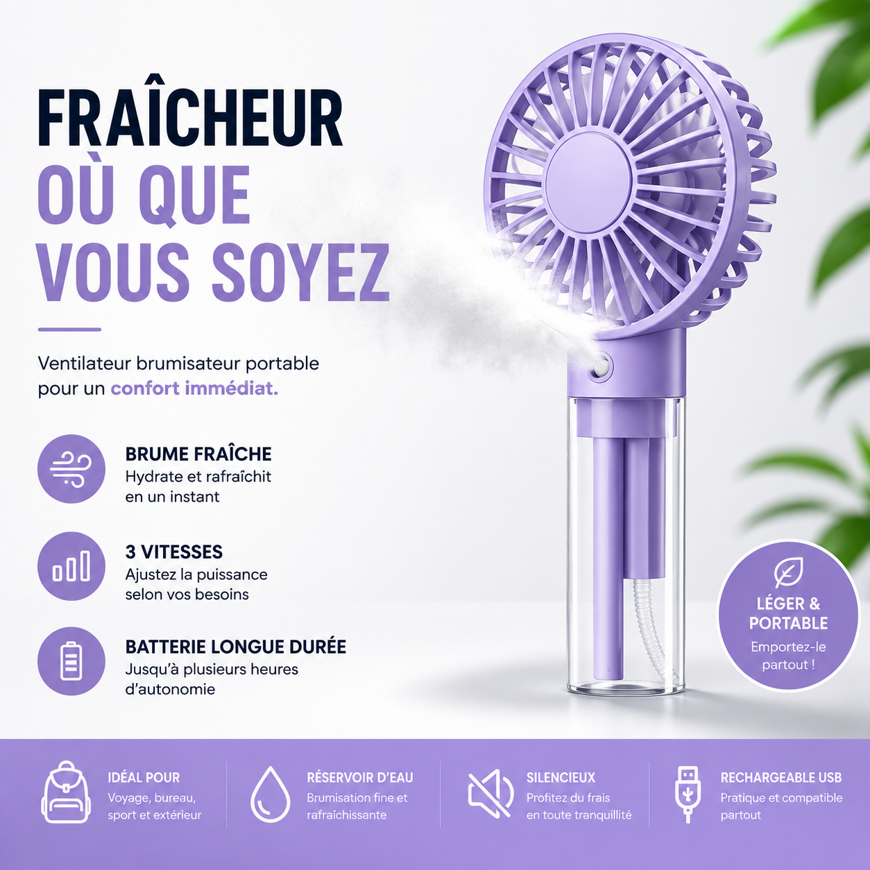 Mini ventilateur portable avec brumisation d'eau, capacité de 2 000 mAh et fonction d'humidification