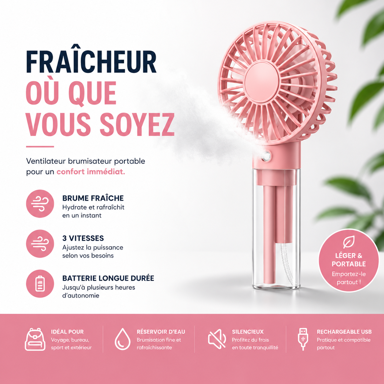 Mini ventilateur portable avec brumisation d'eau, capacité de 2 000 mAh et fonction d'humidification