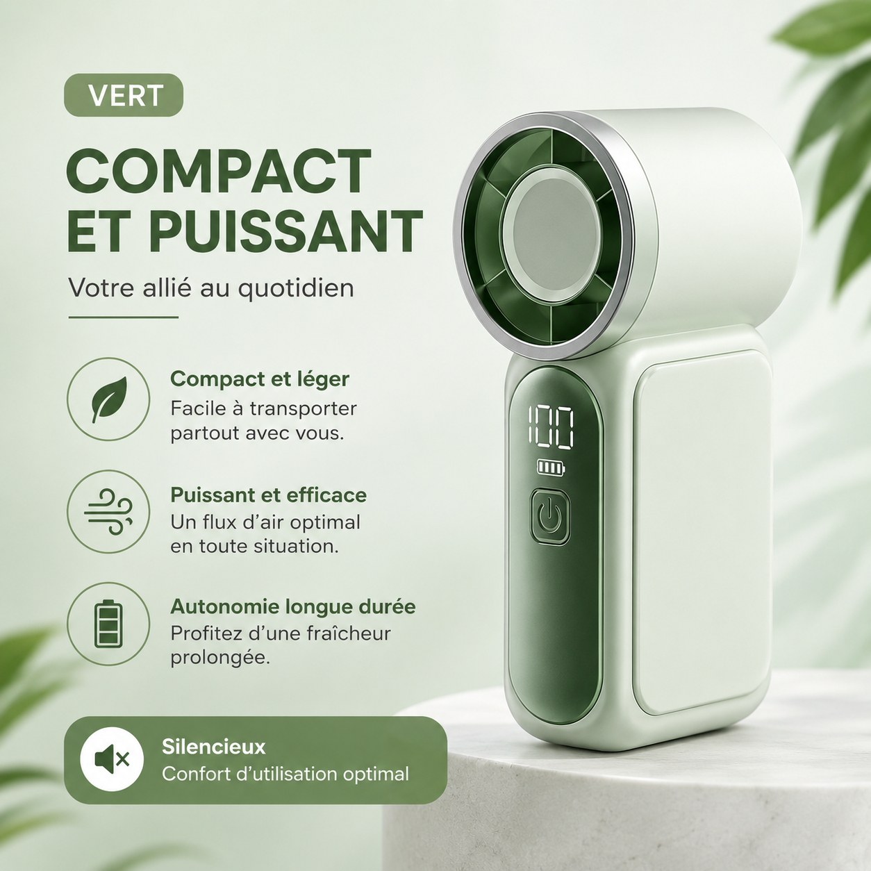Mini-ventilateur, 5 vitesses réglables, rechargeables via port Type-C, affichage numérique, ventilateur de bureau, utilisation en extérieur