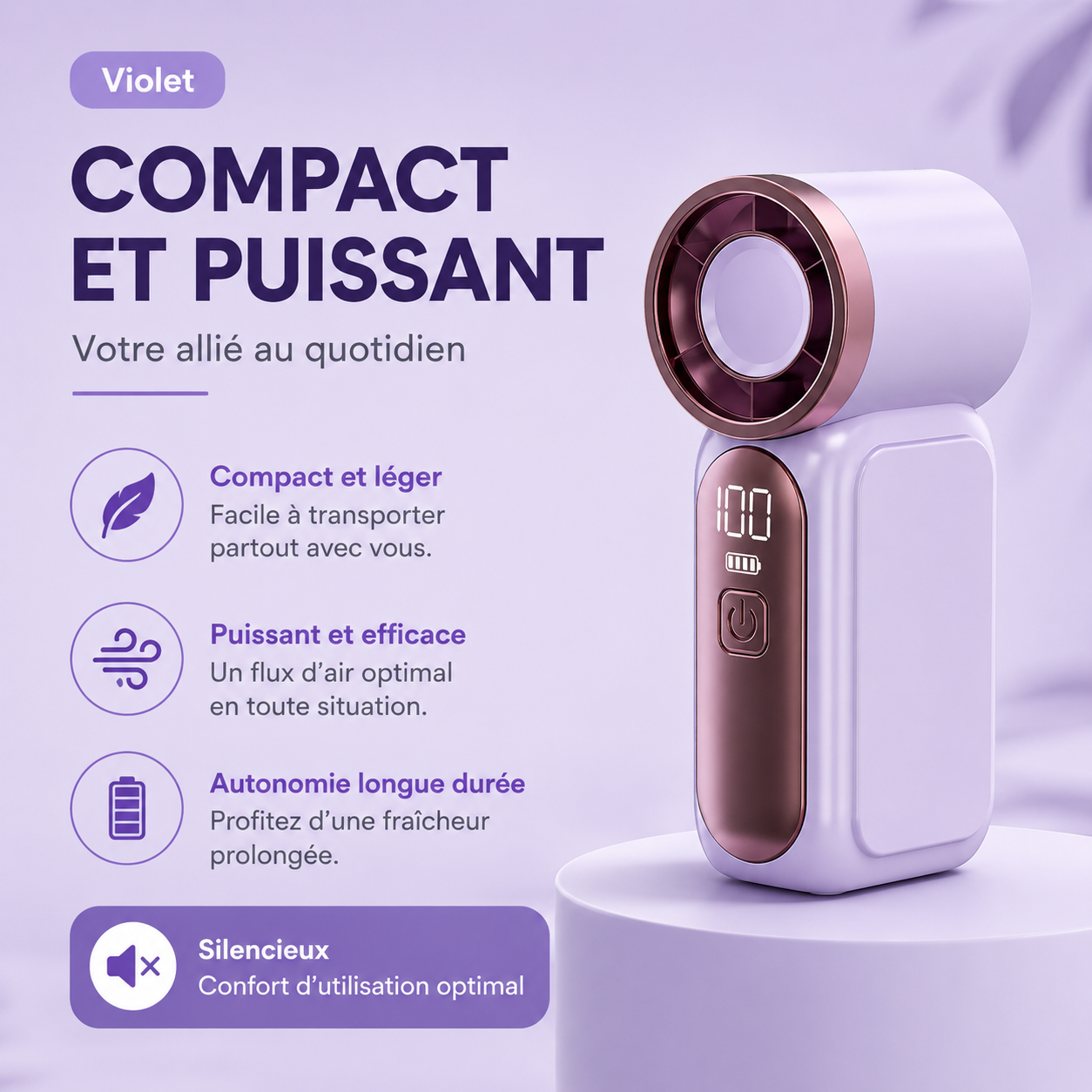 Mini-ventilateur, 5 vitesses réglables, rechargeables via port Type-C, affichage numérique, ventilateur de bureau, utilisation en extérieur